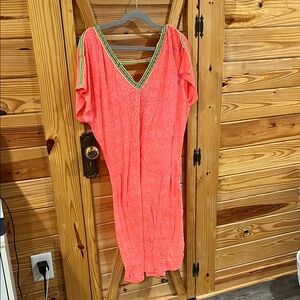 Pitusa Vibrant Coral Dress with Green Accents